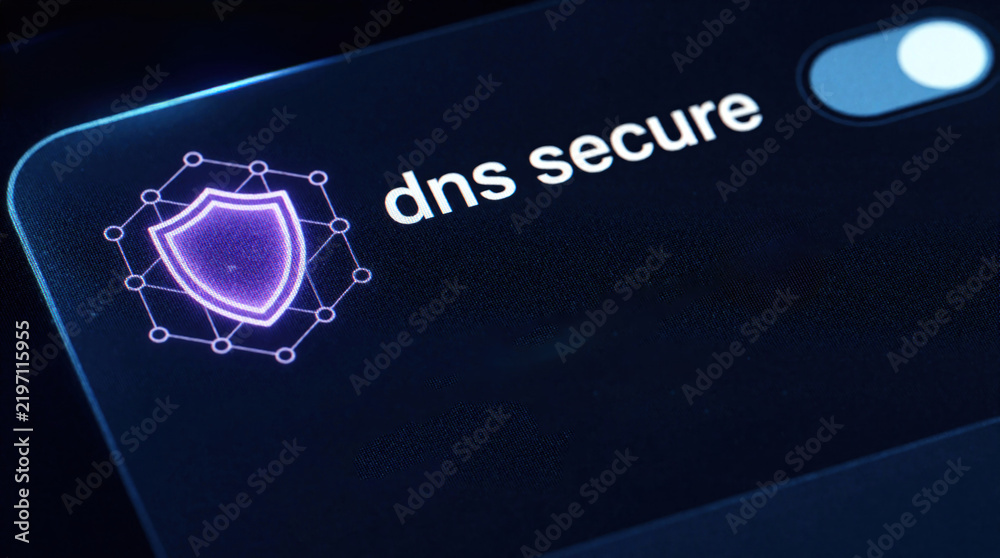 Fototapeta premium Digital interface shows DNS secure setting enabled with shield icon. Toggle switch activated on screen for network protection and safe browsing online. Cybersecurity concept.