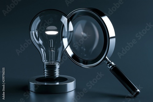 Glowing light bulb and a magnifying glass placed together on a dark blue reflective surface