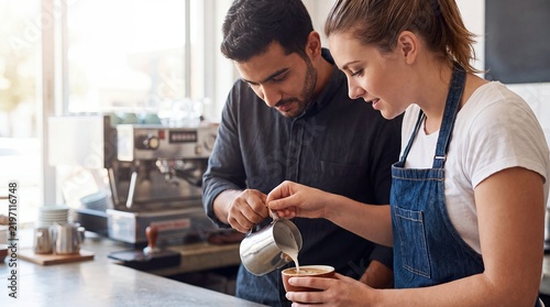 Barista coffee cafe milk pouring training latte counter teaching apron ideal for service brand advertising customer care promotions professional websites online media and community campaigns