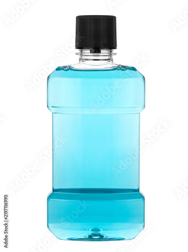 Transparent plastic bottle of blue mouthwash with black cap for oral hygiene care.