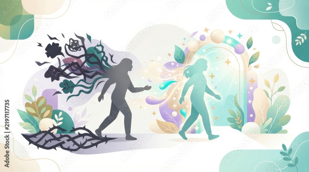 Obraz premium A person steps away from dark shapes symbolizing negativity towards a vibrant and inviting scene representing health and purification.