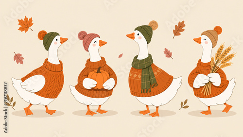 Flat illustration set of cute white geese in autumn theme
