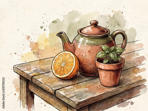 Kitchen Still Life with Teapot and Utensils Vector Illustration