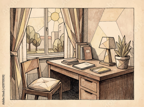 Home Office Corner Workspace with Desk Vector Illustration