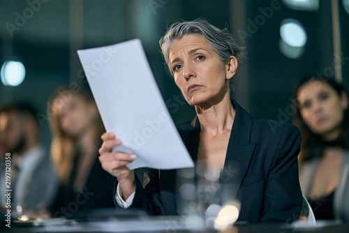Mature businesswoman holding a document in a meeting with colleagues seated behind