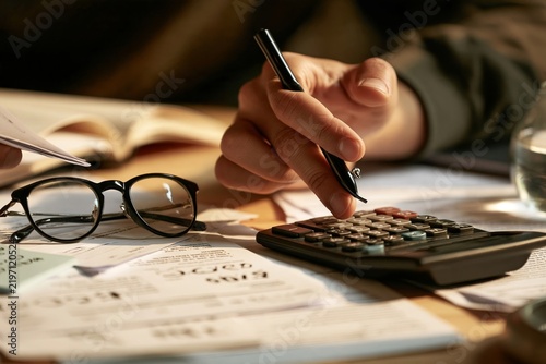 Person calculating household budget expenses using calculator and paperwork at home desk