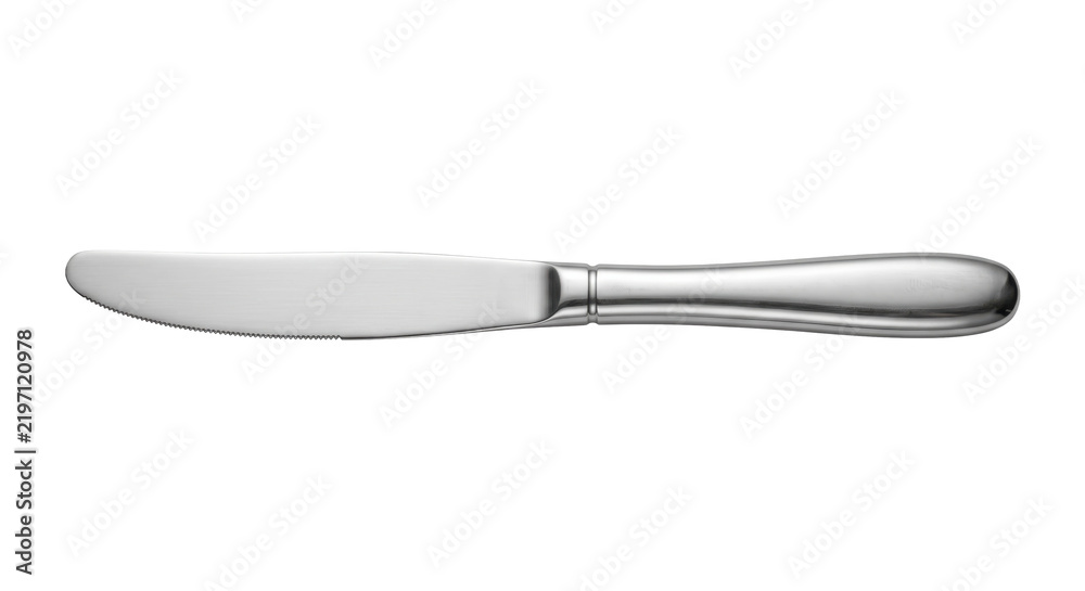 Fototapeta premium Shiny silver stainless steel butter knife with a serrated edge and elegant handle, isolated on a clean white background