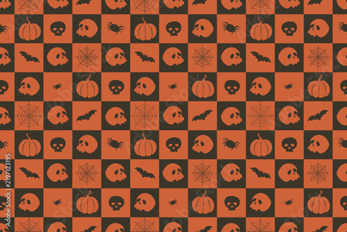 Seamless Halloween checkerboard pattern with pumpkins, skulls, bats, spiders, and webs in rust orange and dark brown. Ideal for retro spooky digital paper, party decor, and textile prints.
