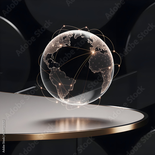 Glowing digital earth globe on a modern podium