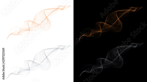 Abstract smoke wave collection, flowing ethereal vapor trails in orange and white, dynamic curved line elements on black and white backgrounds
