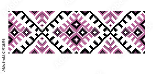 Isolated on white background. For tablecloth, dress, skirt, textile design. Ornament. Traditional Ukrainian folk art knitted embroidery pattern. Black and pink vector illustration.