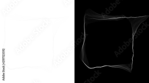 Abstract smoke frame border on black and white backgrounds, ethereal wispy square line art, minimalist flowing vapor texture design