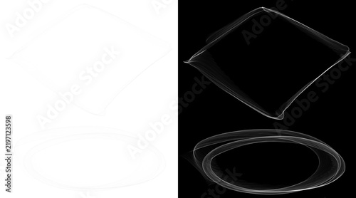 Abstract smoke brush strokes, ethereal white wisps on black background, minimalist smoke rings and geometric square frames for artistic design overlays