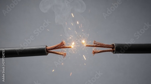 Two exposed copper wires sparking as they nearly connect, emitting sparks and smoke against a gray background.