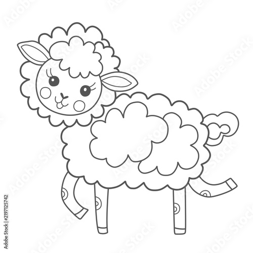 Black and white sheep drawing for kids. Charming lamb for coloring book. 