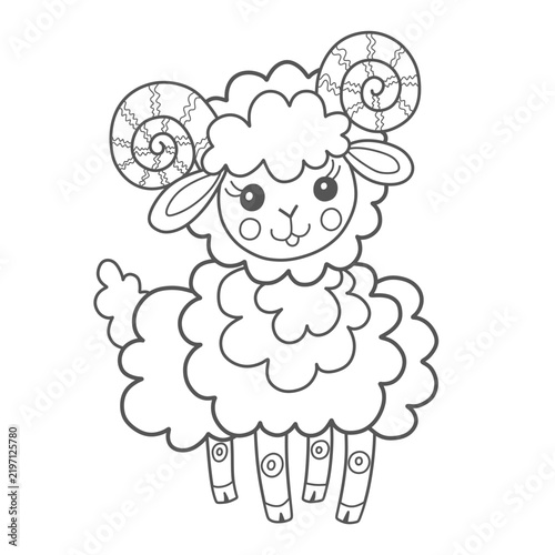 Cute sheep coloring book. Funny little ram with curled horns. Simple black and white drawing