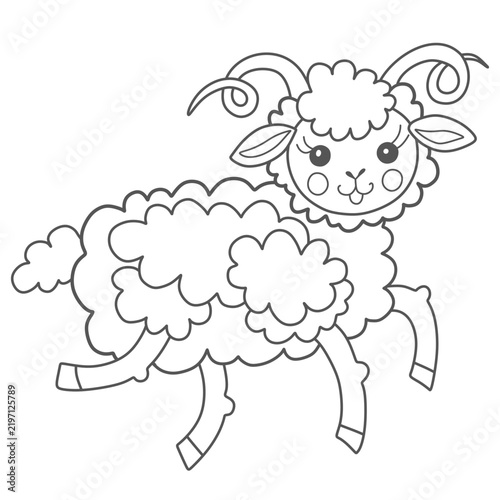 Adorable jumping sheep. Black and white design with cute ram perfect for childish coloring book and pages