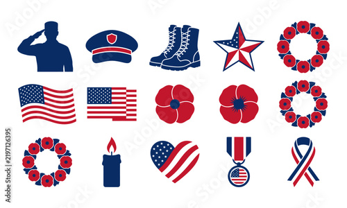 Set of patriotic icons and symbols for veterans day celebration featuring american flags and military commemorative elements