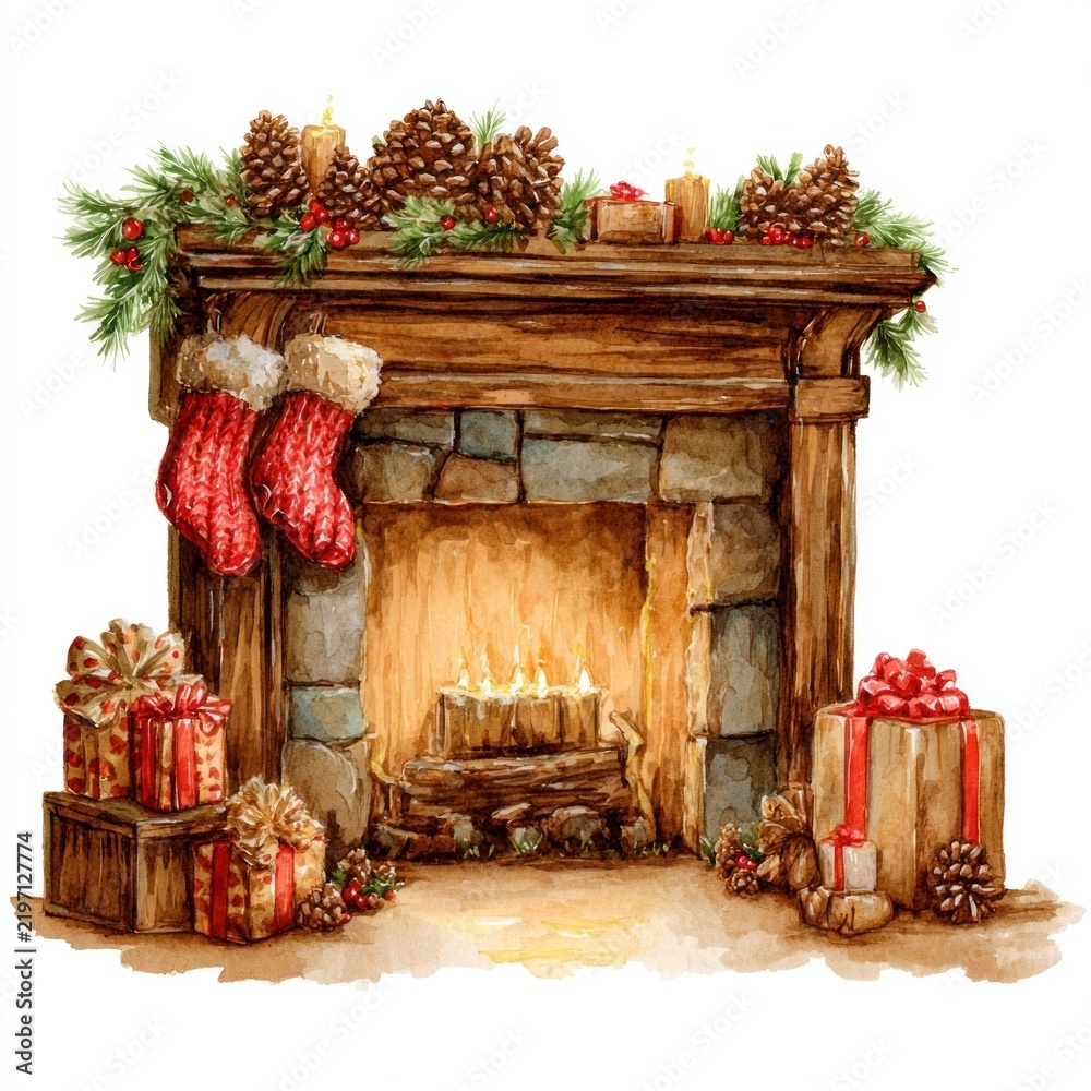 Fototapeta premium Cozy fireplace with festive decorations.