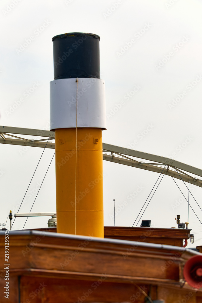 Fototapeta premium Vintage steamer ship chimney and bridge structure in Dordrecht Netherlands industrial maritime heritage and historic river transport vessel detail