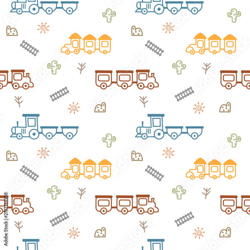 Train line art cartoon so cute. On mountain cactus sun railroad tracks white background. Pattern seamless vector illustration. 