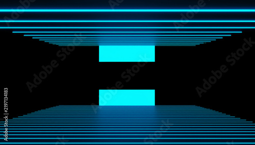 Futuristic Blue Neon Stage Corridor with Glowing Horizontal Lines and Podium Platforms