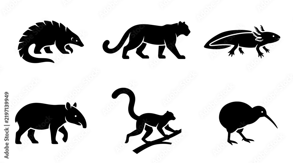 Obraz premium Exotic Wildlife Animal Silhouette Vector Icons Set for Educational and Environmental Graphic Design.