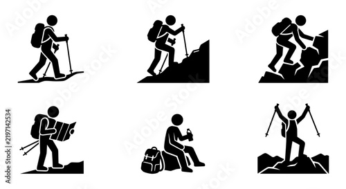 Black silhouette vector hiking icons collection set on transparent background