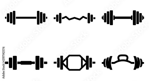 Set of black gym barbell icons isolated on transparent background