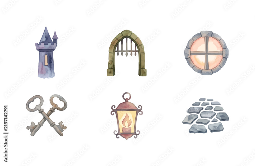 Obraz premium Watercolor Haunted Castle Icon Set with Tower Gate Key and Lantern