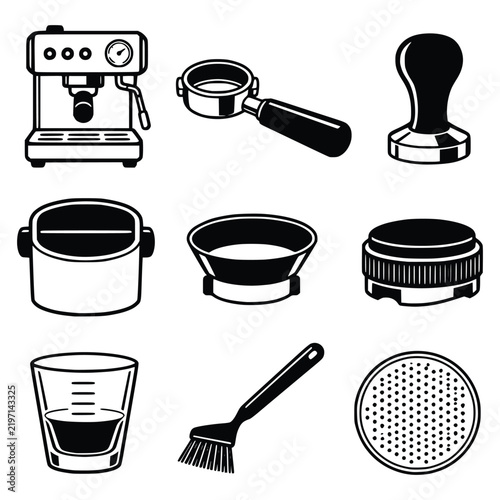 Coffee and Cafe Monochrome Icon Set with Barista, Brewing and Coffee Shop Symbols