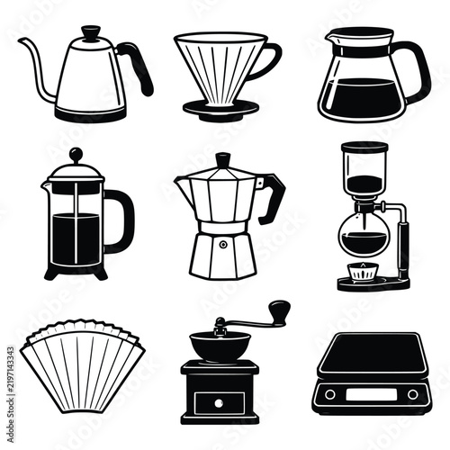 Coffee and Cafe Monochrome Icon Set with Barista, Brewing and Coffee Shop Symbols