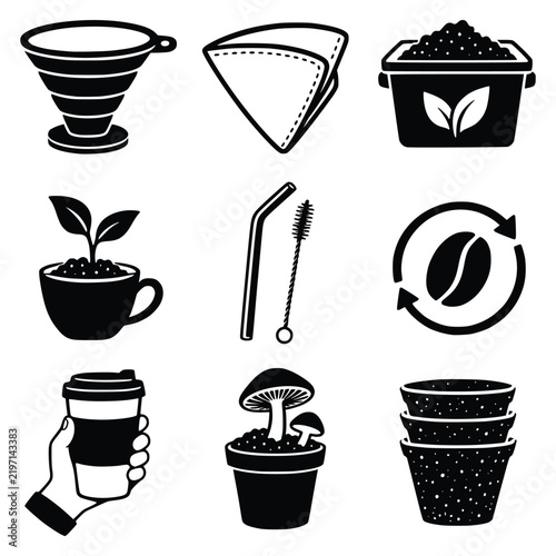 Coffee and Cafe Monochrome Icon Set with Barista, Brewing and Coffee Shop Symbols