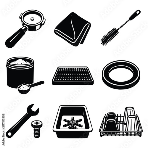 Coffee and Cafe Monochrome Icon Set with Barista, Brewing and Coffee Shop Symbols