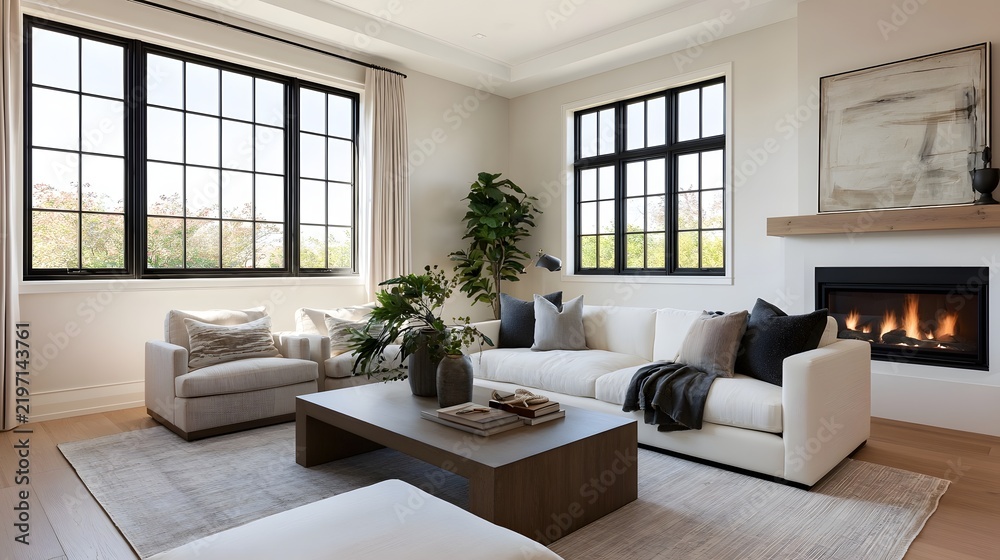 Fototapeta premium Modern living room with white sofa black framed fireplace and indoor plants under natural daylight