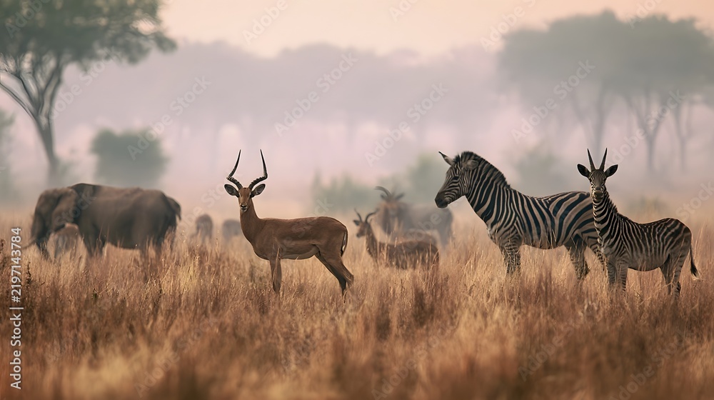 Fototapeta premium A serene savanna scene featuring zebras antelopes and elephants amidst tall golden grass under soft morning light