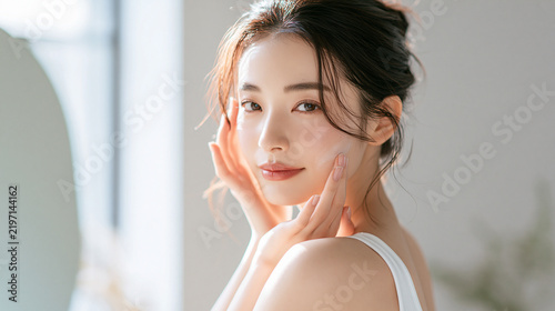 鏡の前でスキンケアをしている女性のポートレート。美容用素材