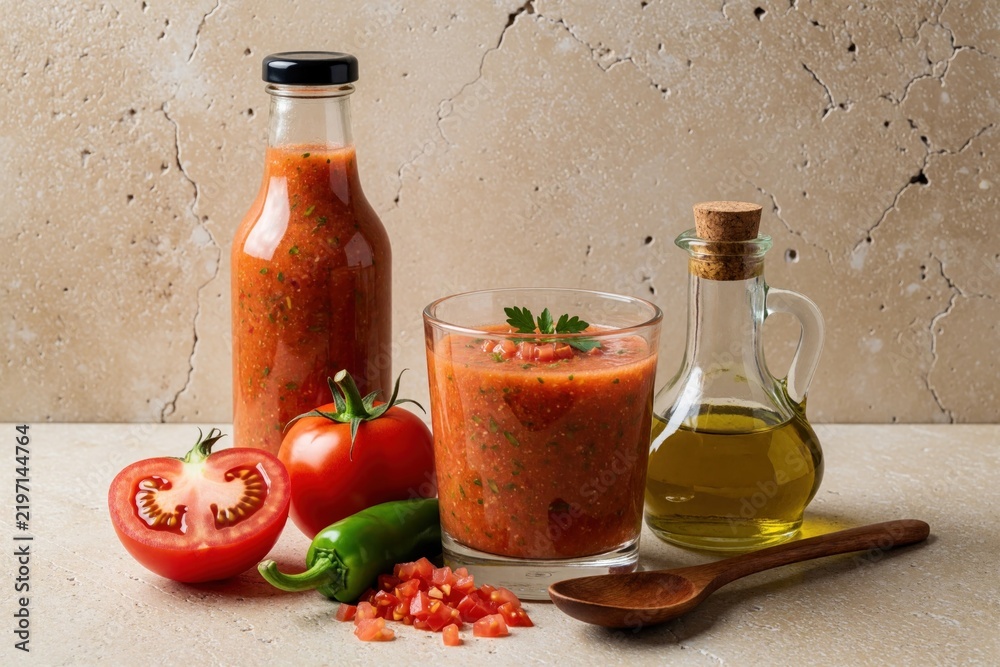 Obraz premium Cold Andalusian gazpacho soup in glass bottle and serving glass. Fresh tomatoes green pepper and olive oil served with wooden spoon. Minimalist composition on beige stone.