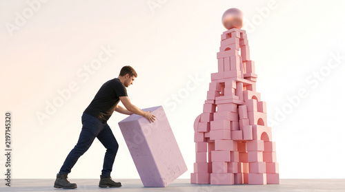 Man pushes large pink block towards a tower of blocks topped with a sphere, symbolizing ambition, construction, and achievement.