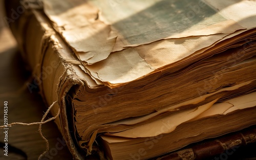 Aged ancient book fragile weathered pages string binding macro picture
