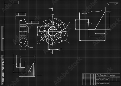 Mechanical engineering drawing of cutting tool on black background. Disc milling cutter profile with teeth, dimensions and sections. Technical machining blueprint. Vector illustration.