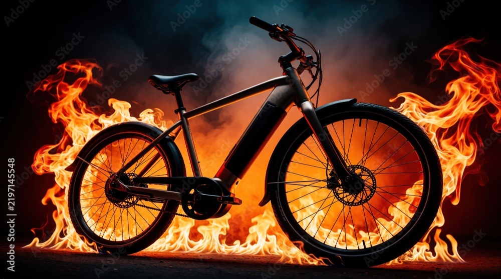 Obraz premium Electric bike engulfed in flames, smoke rising. Represents dangers of battery fires, need for safety. Highlights electrical vehicle risks and modern transport hazards. Serious issue of fire.