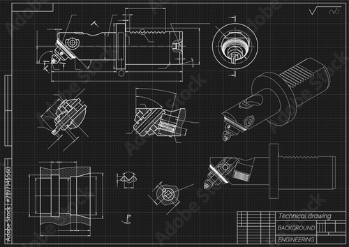 Mechanical engineering drawing of cutting tool on black background. Countersink construction with cutting insert, dimensions and sections. Technical machining blueprint. Vector illustration.