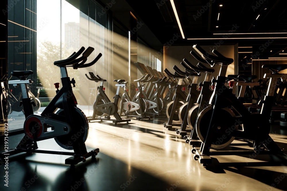Fototapeta premium Row of modern exercise bikes in gym. Sunlight streams through large windows illuminating workout equipment. Indoor fitness studio prepared for spin class.