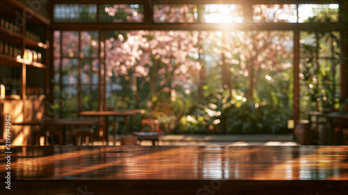 Japanese style cafe interior, wooden table, garden view, warm sunlight, tranquil atmosphere with blooming tree and lush plant beyond glass wall