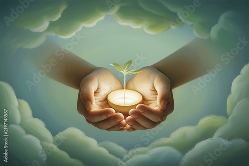 Cupped human hands holding glowing green plant sprout dreamlike clouds painterly illustration