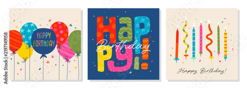 Set of lovely hand drawn birthday cards with balloons and decoration, universal artistic templates