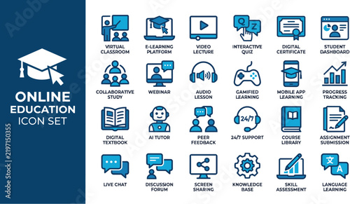 Online education icons set with virtual learning symbols