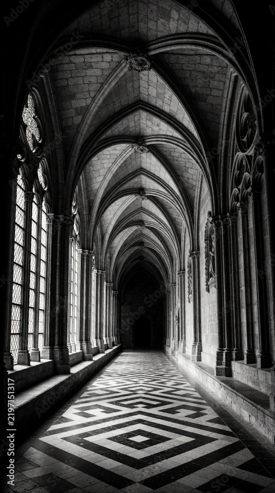 Fototapeta premium Black, white view of gothic cloister corridor with ribbed vaulted ceiling. Ancient stone monastery hallway features ornate arches, pillars, chequered floor pattern. Dark moody interior of historic
