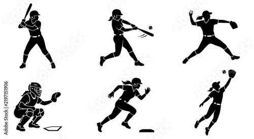 Female baseball players silhouettes performing various athletic actions